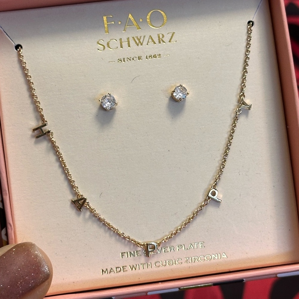 FAO Schwarz Happy Face Necklace Earrings Set Cubic Zirconia Silver Plate Gold